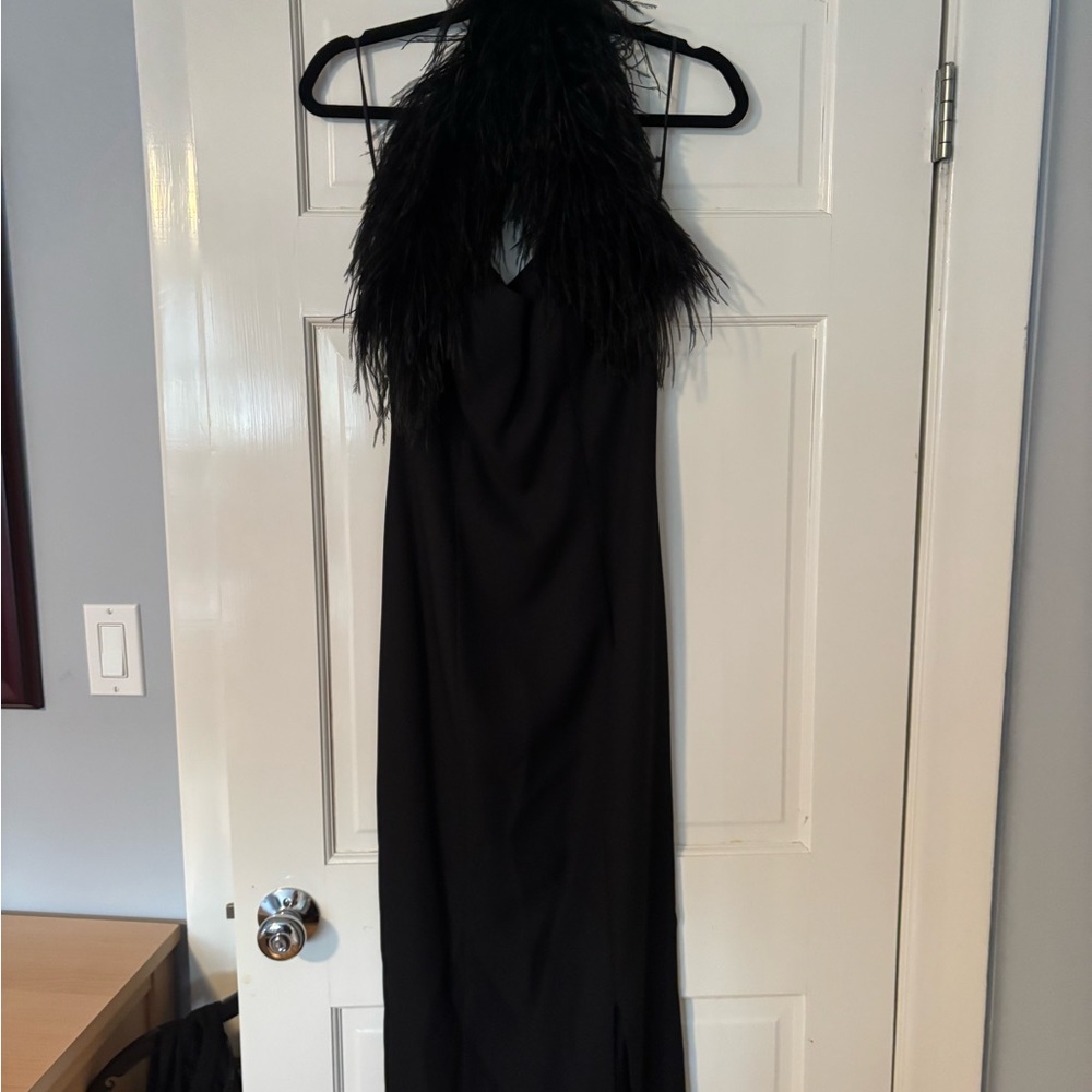 Black Feather-Trim Halter Evening Dress
